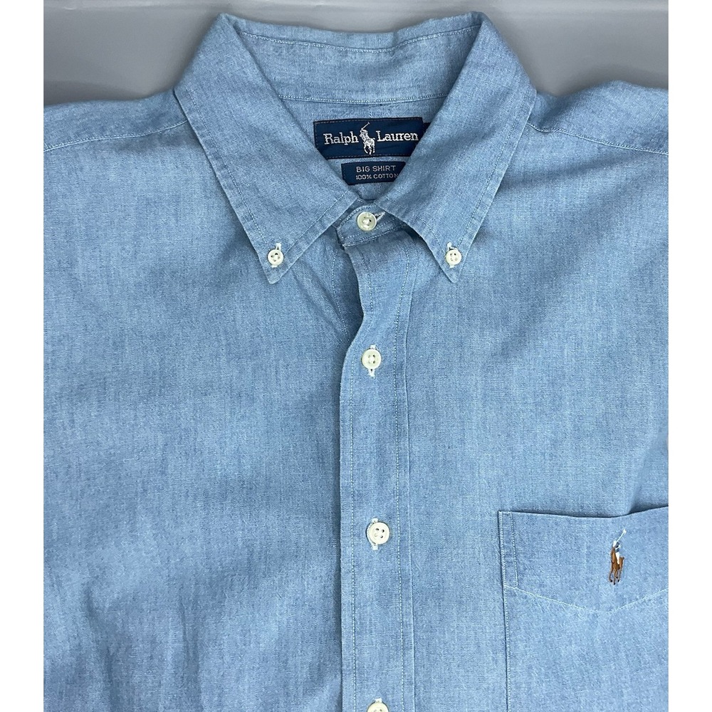 90s VINTAGE RALPH LAUREN BIG SHIRT Mens Large Blue Chambray Denim Flesh Pony